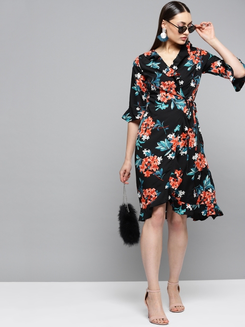 

RARE Women Black & Orange Printed Wrap Dress