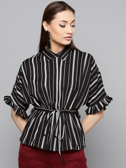 

RARE Women Black & White Regular Fit Striped Casual Shirt