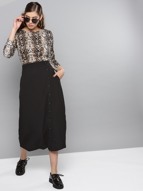 

RARE Women Black Solid Midi A-line Skirt