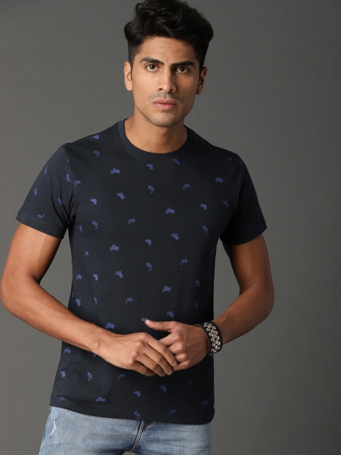 

Roadster Men Navy Blue Allover Printed Round Neck Pure Cotton T-shirt