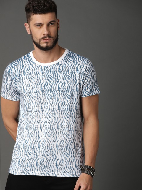 

Roadster Men White & Blue Allover Printed Round Neck T-shirt