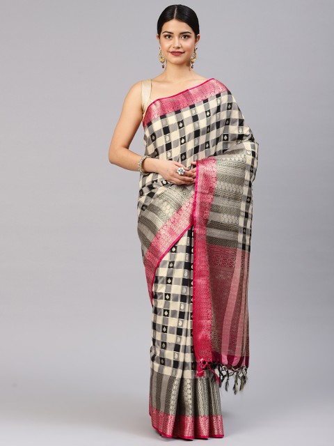 

Varkala Silk Sarees Black & White Pure Silk Woven Design Banarasi Saree