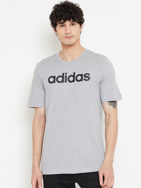 

ADIDAS Men Grey Melange Essentials Linear Solid Pure Cotton T-shirt