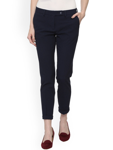 

Van Heusen Woman Blue Regular Fit Striped Cropped Cigarette Trousers