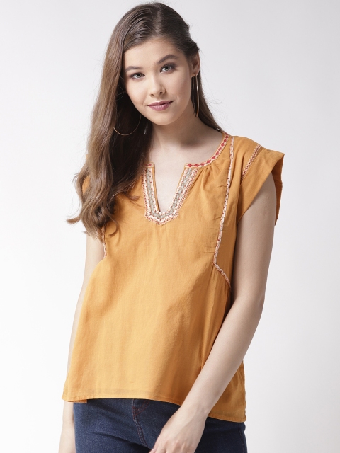 

SCOUP Women Mustard Yellow Solid A-Line Pure Cotton Top