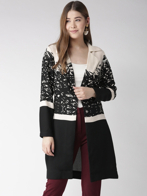 

QUIERO Black & Off-White Printed Longline Button Shrug