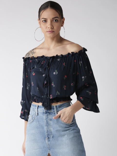 

QUIERO Women Navy Blue Printed Bardot Crop Top