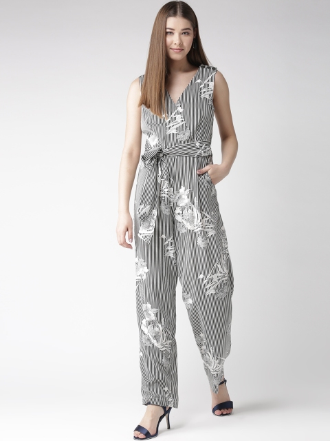 

QUIERO White & Black Printed Striped Basic Jumpsuit