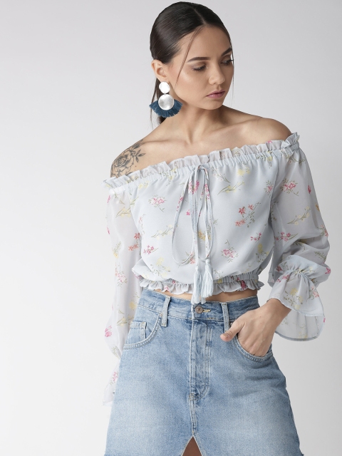 

QUIERO Women Blue Printed Bardot Crop Top