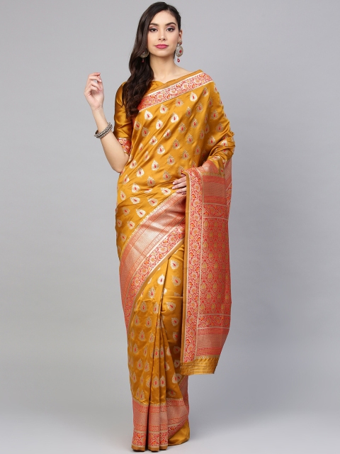 

Saree mall Mustard Yellow & Red Woven Design Banarasi Saree