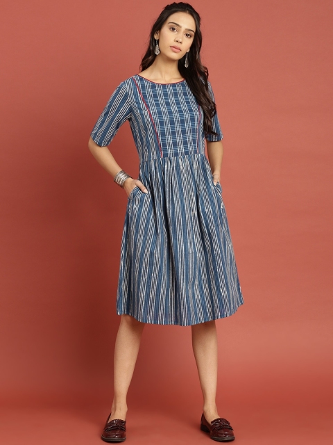 

Taavi Women Blue & White Indigo Hand Block Print A-Line Sustainable Dress with Pockets