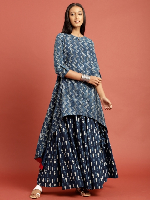 

Taavi Women Indigo Block Printed High-Low A-Line Sustainable Kurta with Skirt, Navy blue