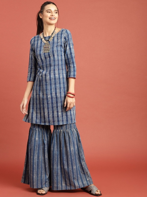 

Taavi Women Blue & White Indigo Hand Block Print Sustainable Kurta with Sharara