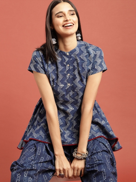 

Taavi Women Blue Indigo Hand Block Print A-Line Sustainable Top with Dhoti Pants