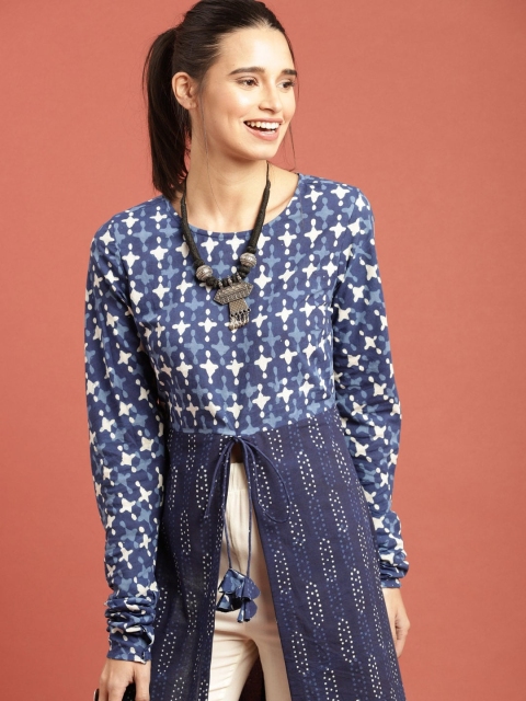 

Taavi Women Blue Indigo Hand Block Print High-Slit Sustainable A-Line Kurta
