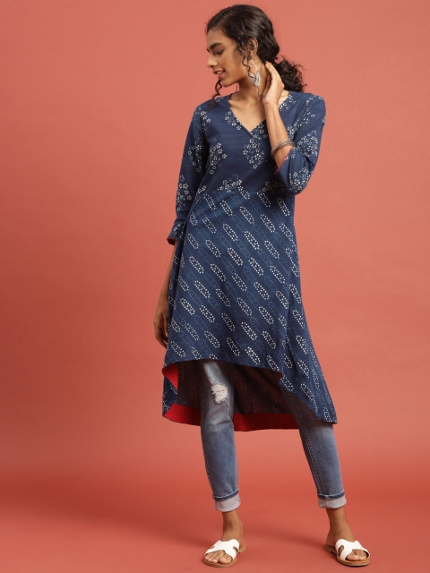 

Taavi Women Indigo Hand Block Printed Sustainable A-Line High-Low Kurta, Navy blue