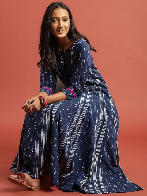 

Taavi Women Indigo Hand Block Printed A-Line Kurta With Flare, Navy blue