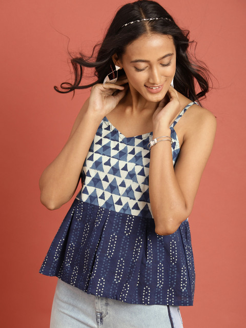 

Taavi Women Indigo Hand Block Printed Peplum Top with Gathers, Navy blue