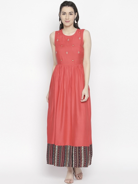 

AKKRITI BY PANTALOONS Women Coral Pink Embellished Fit and Flare Dress