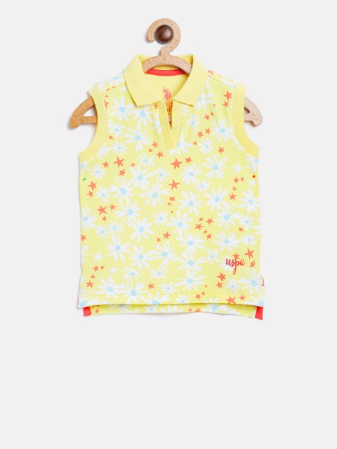 

U.S. Polo Assn. Kids Girls Yellow Printed Polo Collar T-shirt