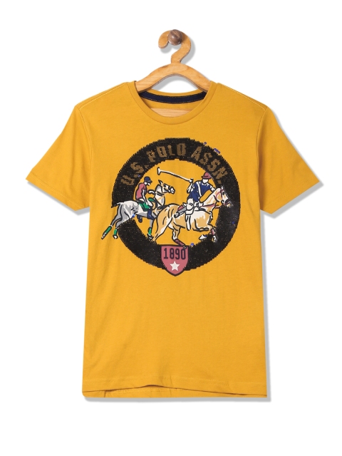 

U.S. Polo Assn. Kids Boys Mustard Printed Round Neck Pure Cotton T-shirt