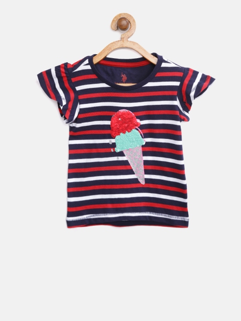 

U.S. Polo Assn. Kids Girls Navy Blue & Red Striped Top with Mermaid Sequinned Detail