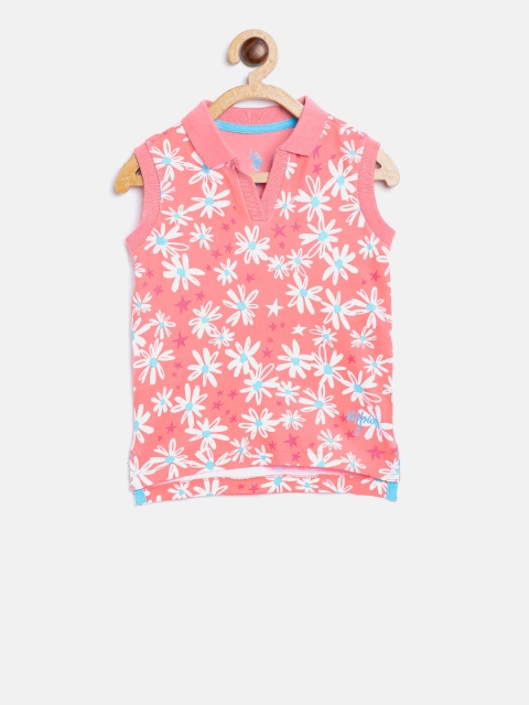 

U.S. Polo Assn. Kids Girls Pink & White Printed Polo Collar T-shirt