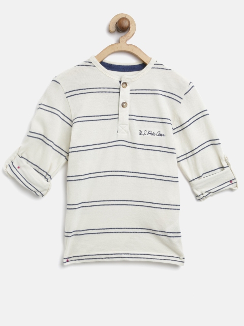 

U.S. Polo Assn. Kids Boys Off-White Navy Blue Striped Henley Neck Pure Cotton T-shirt