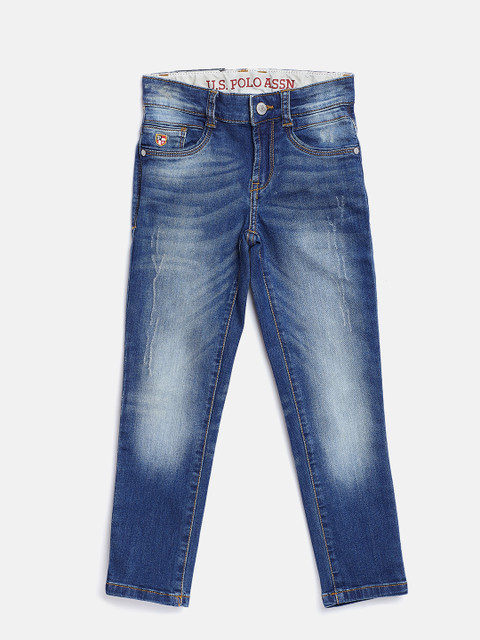 

U.S. Polo Assn. Kids Boys Navy Skinny Fit Mid-Rise Mildly Distressed Stretchable Jeans, Navy blue