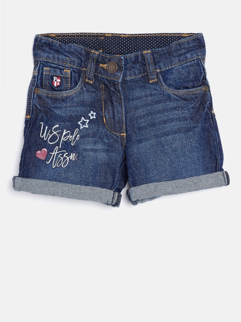 

U.S. Polo Assn. Kids Girls Navy Printed Regular Fit Denim Shorts, Navy blue