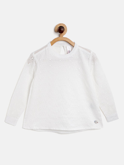

U.S. Polo Assn. Kids Girls White Schiffli Embroidered A-Line Pure Cotton Top