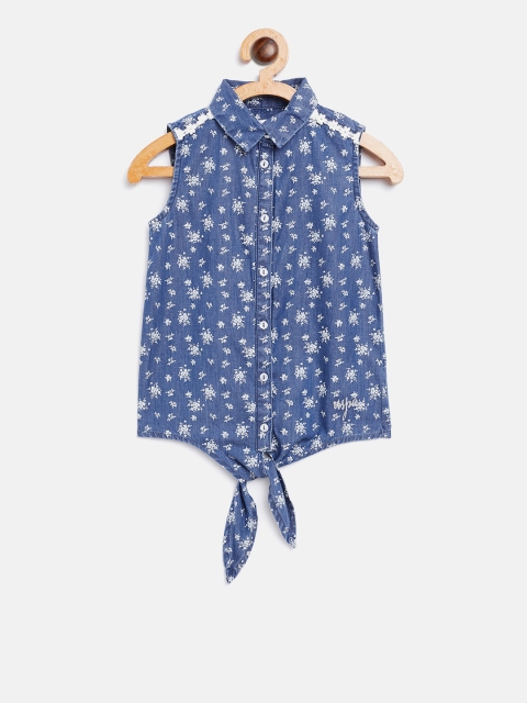 

U.S. Polo Assn. Kids Girls Blue & White Printed Shirt Style Pure Cotton Top