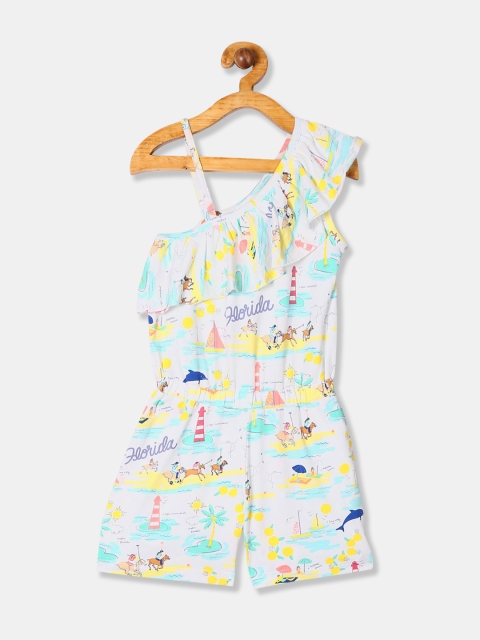 

U.S. Polo Assn. Kids Girls White & Yellow Printed Playsuit