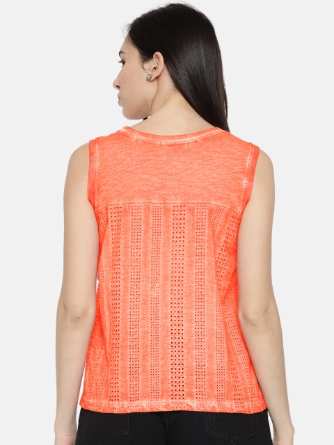 

Lee Cooper Women Coral Orange Solid Pure Cotton Top