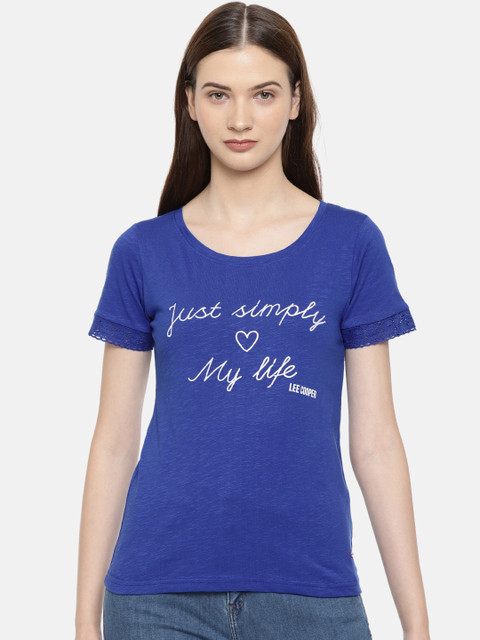 

Lee Cooper Women Blue Printed Round Neck Pure Cotton T-shirt