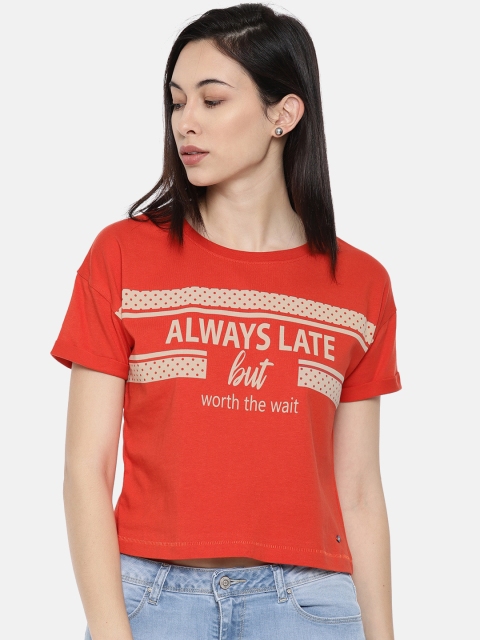 

Lee Cooper Women Orange Printed Round Neck Pure Cotton T-shirt