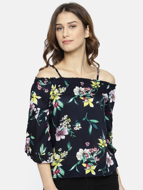 

Lee Cooper Women Navy Blue Printed Cold-Shoulder Pure Cotton Top