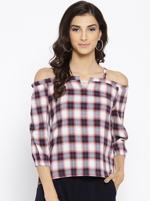 

Lee Cooper Women Off-White & Navy Blue Checked Bardot Top