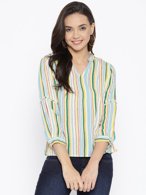 

Lee Cooper Women Off-White & Blue Striped Top