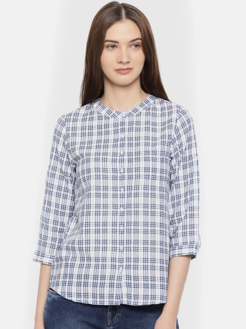 

Lee Cooper Women White & Blue Checked Shirt Style Pure Cotton Top