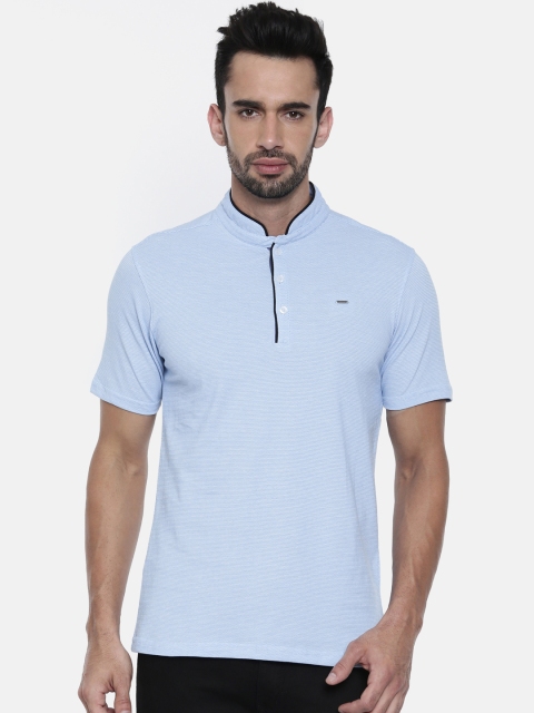 

Lee Cooper Men Blue Self-Design Mandarin Collar Pure Cotton T-shirt