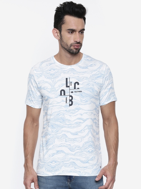 

Lee Cooper Men White Blue Printed Round Neck Pure Cotton T-shirt