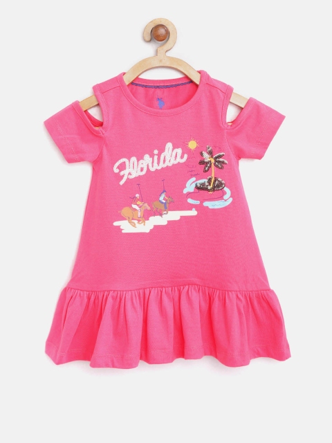 

U.S. Polo Assn. Kids Girls Pink Printed A-Line Dress with Sequinned Detail