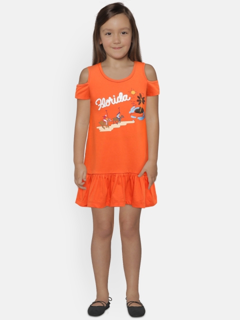 

U.S. Polo Assn. Kids Girls Orange Printed A-Line Dress with Sequinned Detail