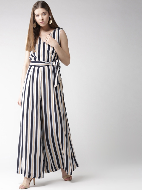 

QUIERO Off-White & Blue Striped Basic Jumpsuit