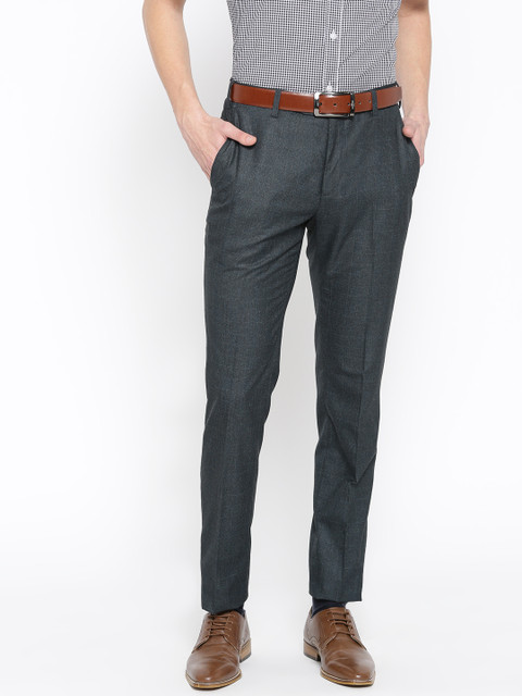 

Raymond Men Navy Blue Slim Fit Self-Checked Formal Trousers