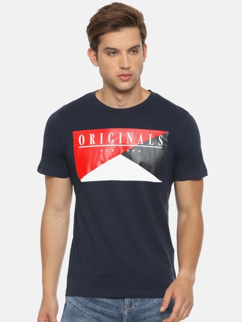 

Jack Jones Men Navy Blue Printed Round Neck Pure Cotton T-shirt