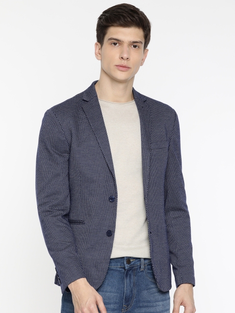 

Jack & Jones Navy Blue & White Self-Designed Single-Breasted Slim Fit Casual Blazer