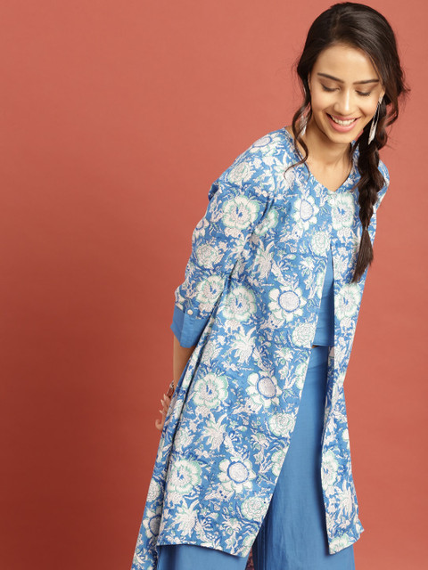 

Taavi Women Blue Bagaru Hand Block Print A-Line Layered Sustainable Kurta With Trousers