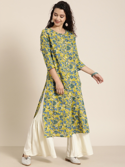 

Taavi Women Green & Blue Bagaru Hand Block Print Sustainable Kurta With Multiple Slits